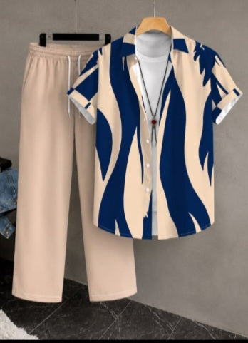 Men’s Black & White Printed Shirt SetMen’s Printed Shirt & Trousers Two-Piece Set