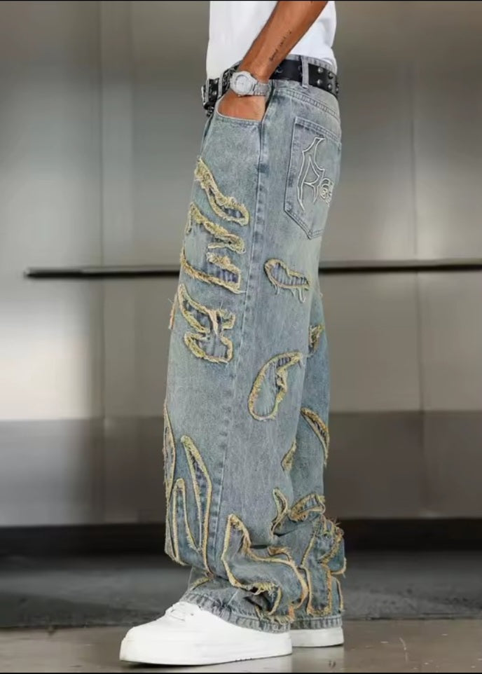 Men’s Distressed Embroidered Baggy Jeans