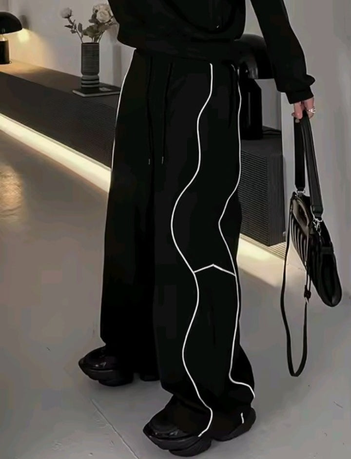 Black Reflective Detail Wide-Leg Pants