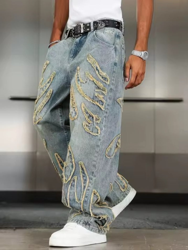 Men’s Distressed Embroidered Baggy Jeans