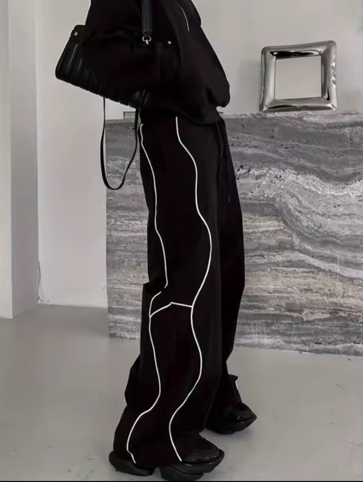 Black Reflective Detail Wide-Leg Pants