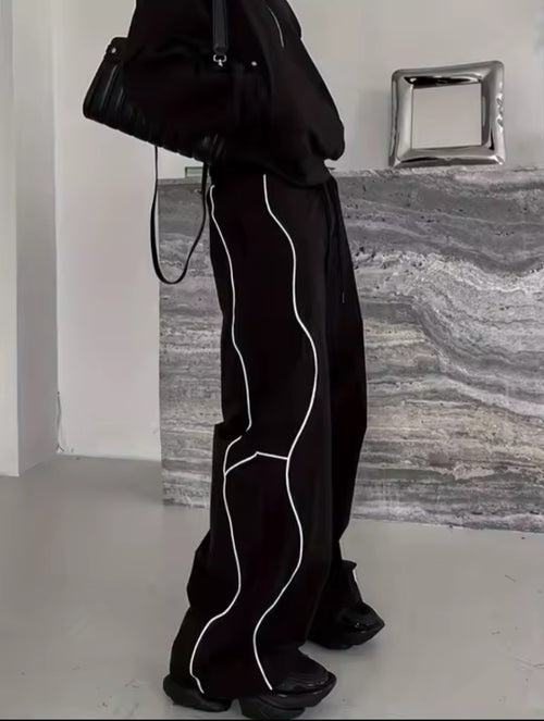 Black Reflective Detail Wide-Leg Pants