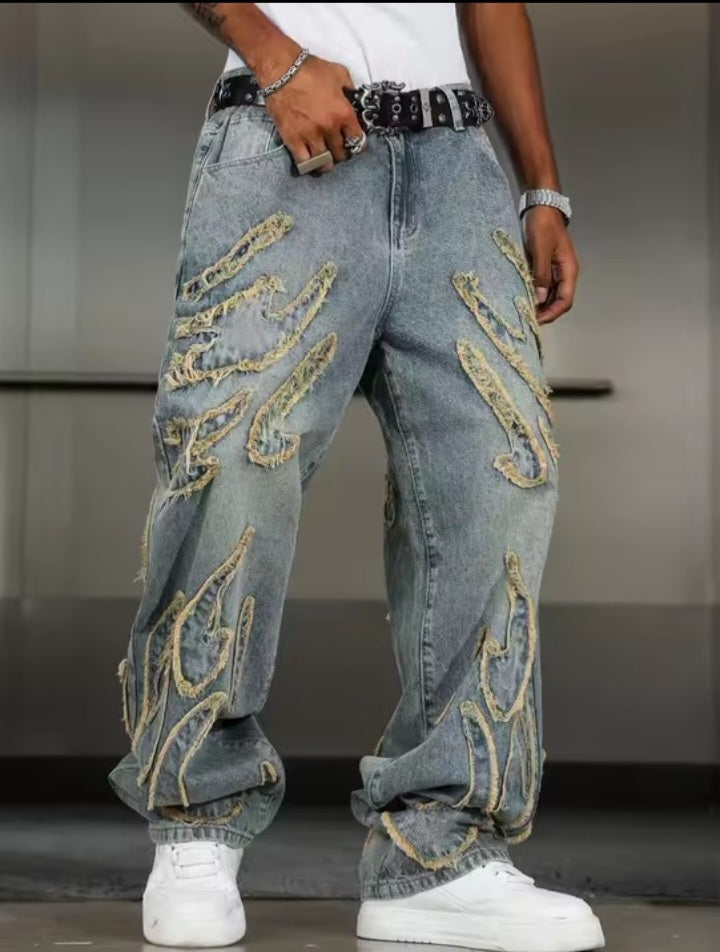 Men’s Distressed Embroidered Baggy Jeans