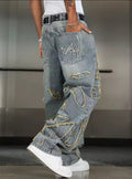 Men’s Distressed Embroidered Baggy Jeans