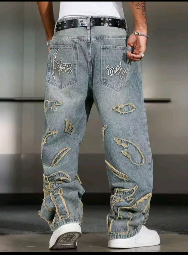 Men’s Distressed Embroidered Baggy Jeans