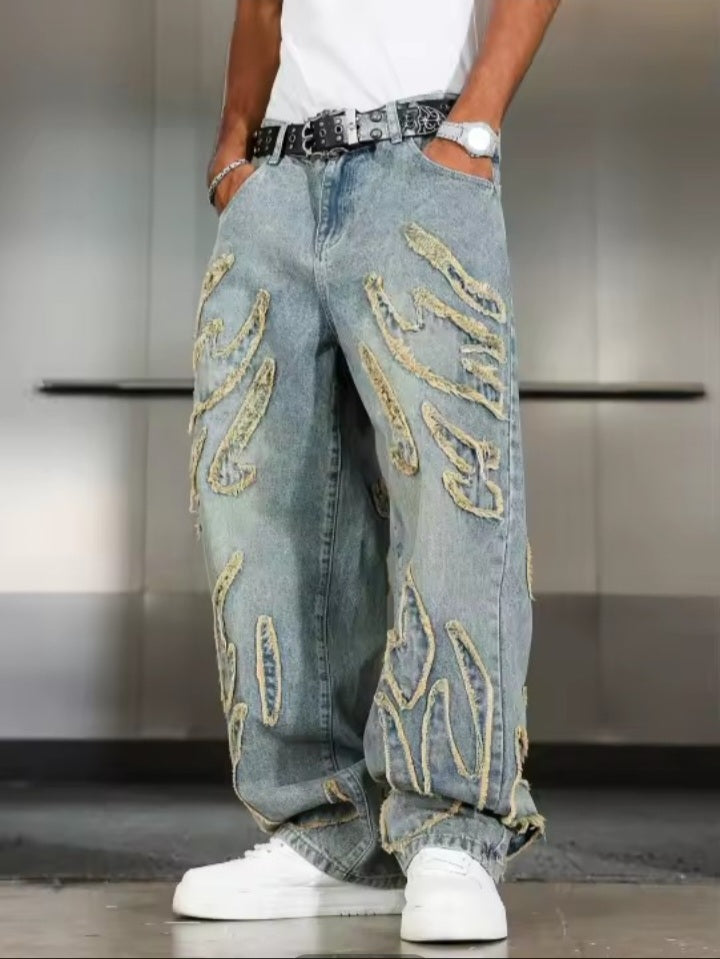 Men’s Distressed Embroidered Baggy Jeans